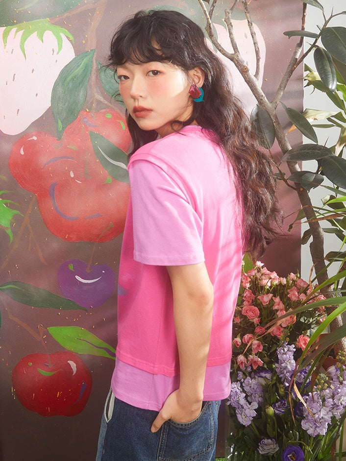 Gradient Cherry Print Fake Two-piece T-shirt