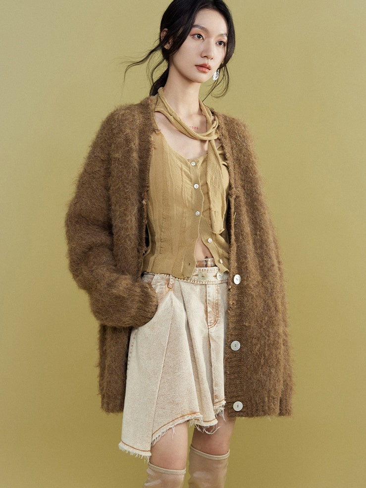 Oversized Furry Placket Ripped Cardigan