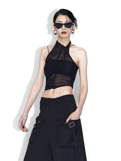 Detachable Asymmetric Sling Tube Top &amp; Gauze Pleated Tank Top Set