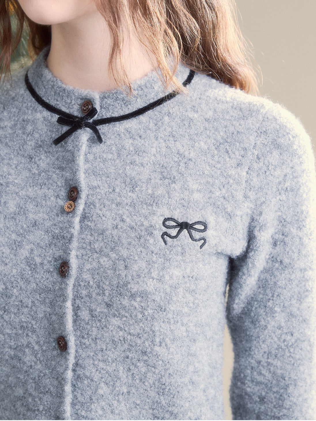 Embroidered Bow College Slim Knitted Cardigan