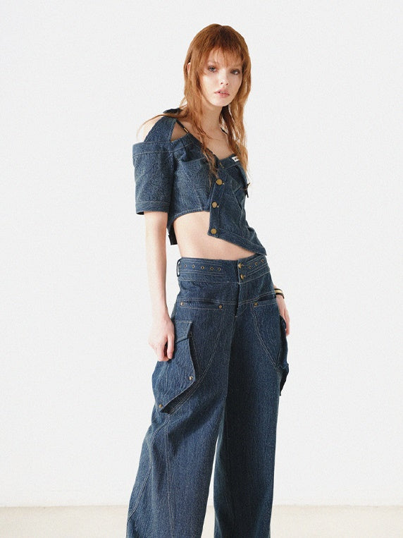 Denim-Asymmetrie-Halfter-Neck-Top-Top