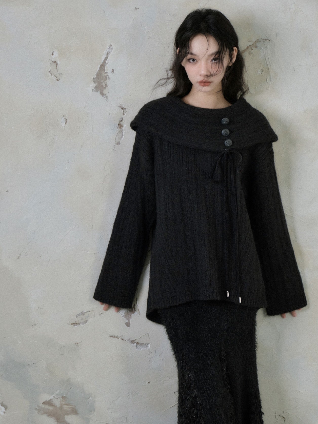 Button Accent One Shoulder Loose Knitted Sweater