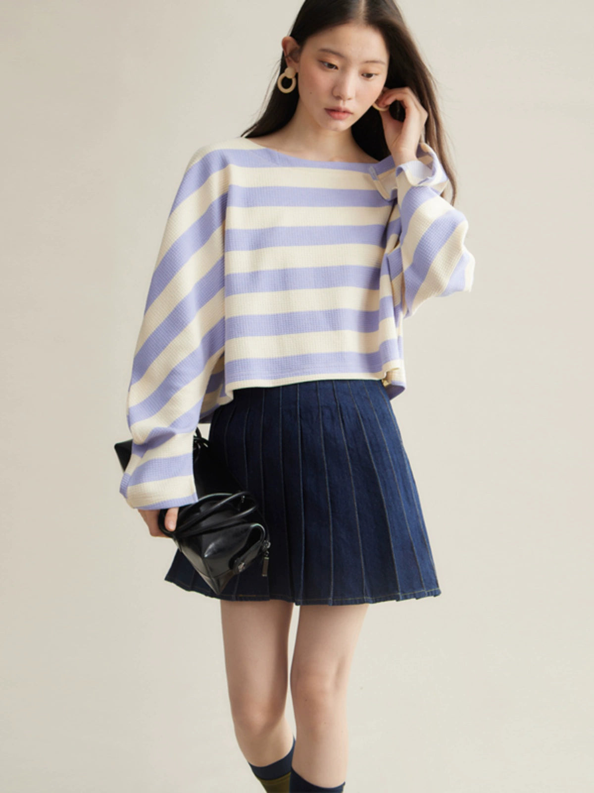 A-line Short Denim Pleated Skirt