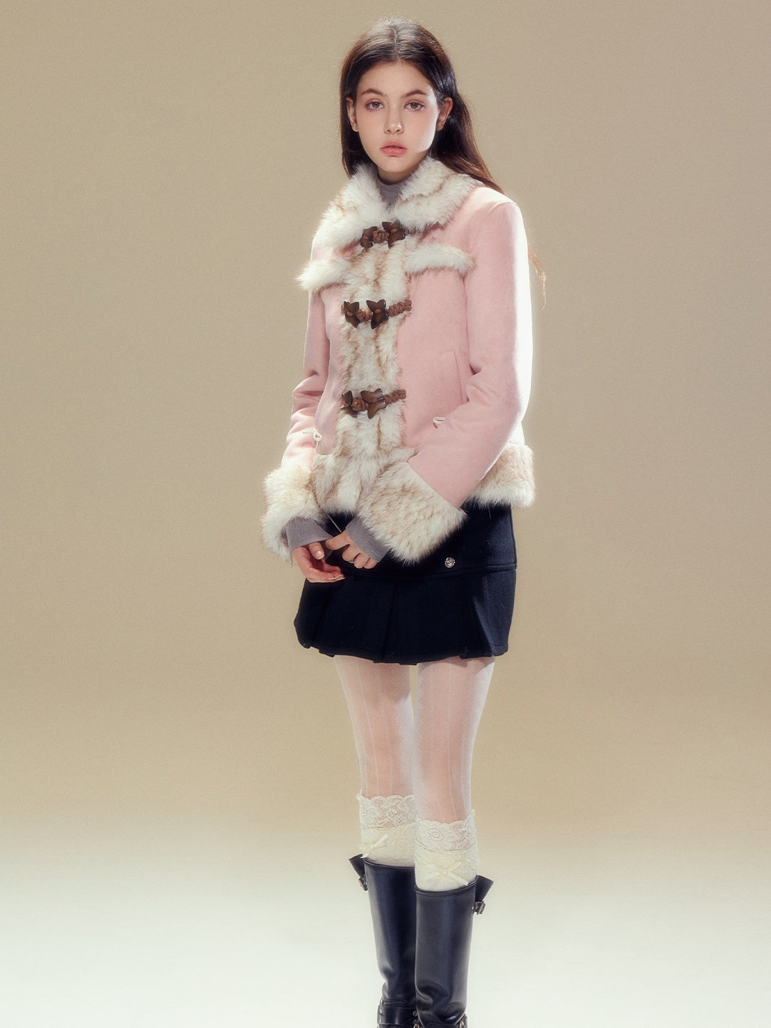 Suede Touch Butterfly Buckle Fur Plush Jacket &amp; Pleated Skirt