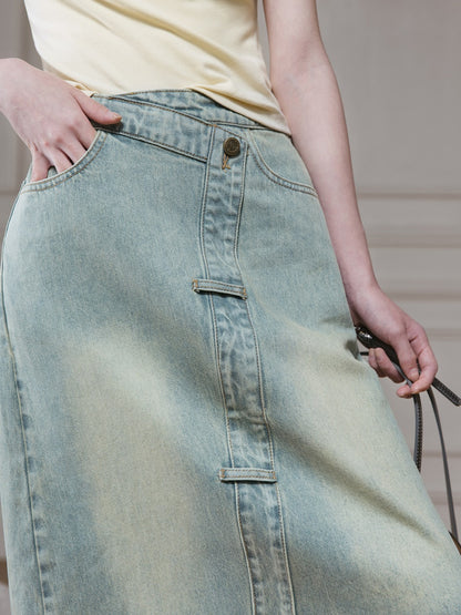 Slanted Placket Distressed Denim Skirt