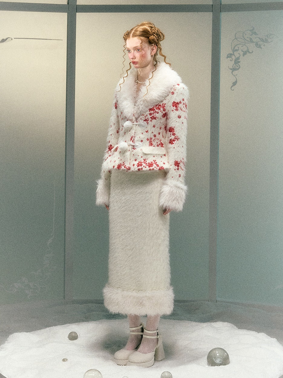 Sequined Embroidery Fur Collar Waisted Jacket ＆ Skirt