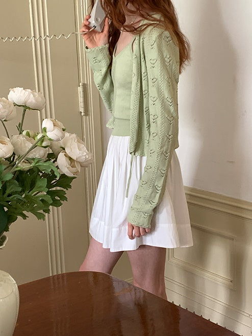 Hollow Heart Knitted Cardigan &amp; Camisole Set-up