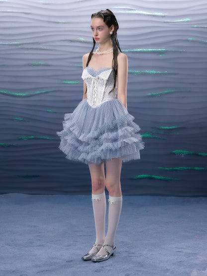 Plaid Mesh Tutu Suspender Dress &amp; Lace Pearl Corset