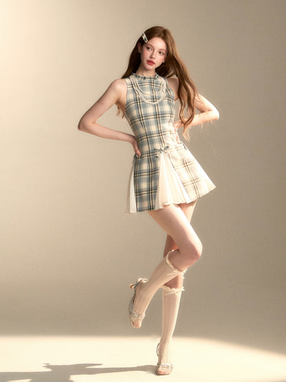 Sleeveless Check Patchwork Pleated Dress