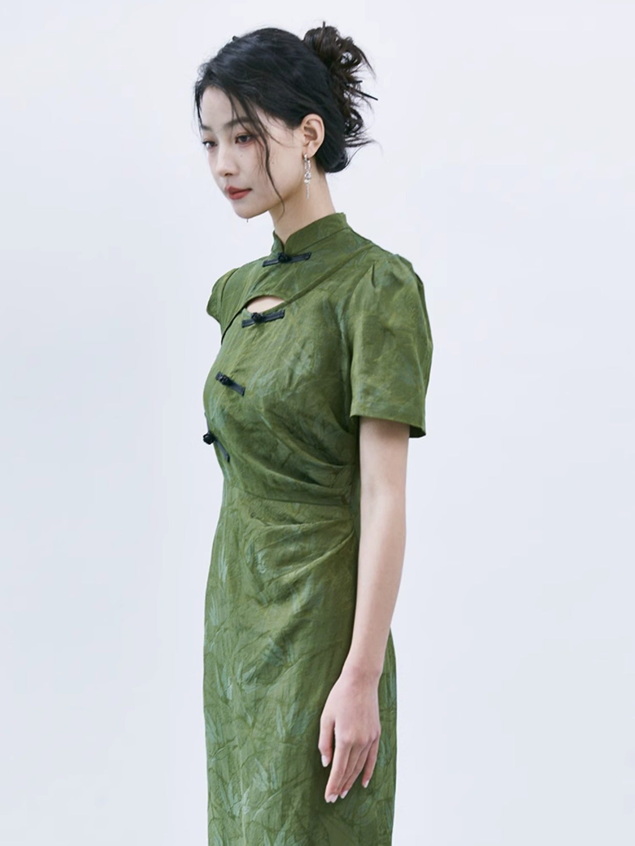 Chinese Style Hollow Bamboo Leaf Short Sleeve Dress