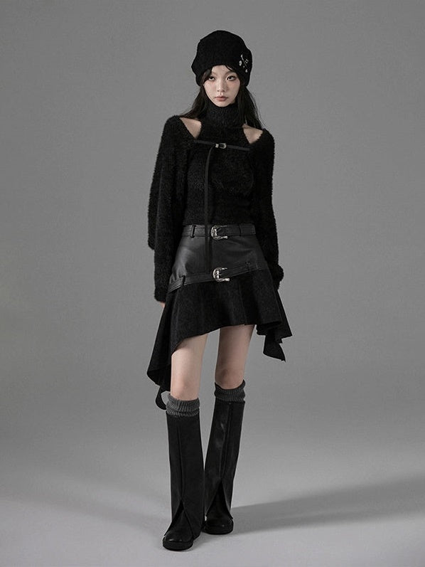 Belt Accent Irregular Thin Leather Switching Skirt