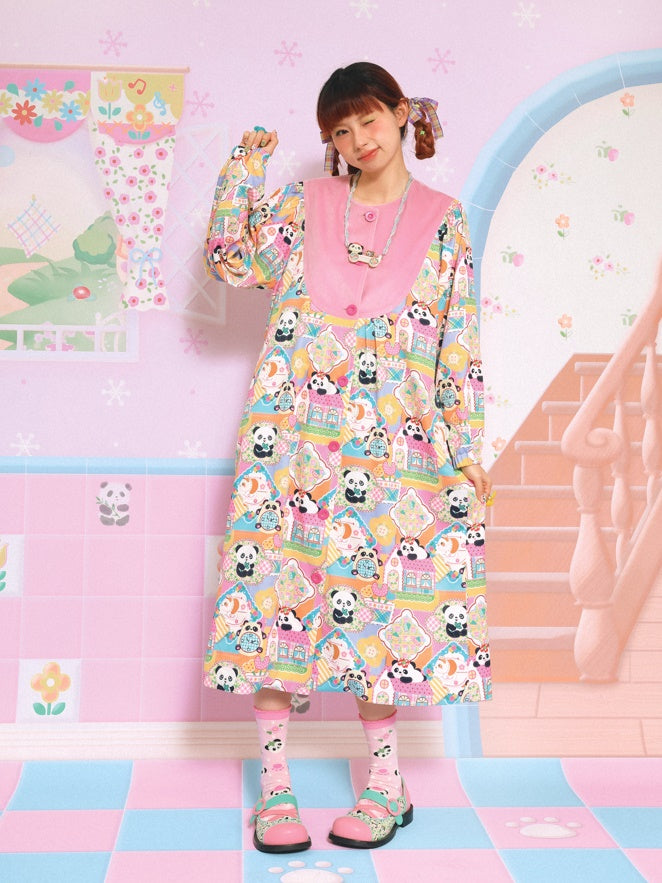 Velvet Stitching Panda Print Loose Coat Dress