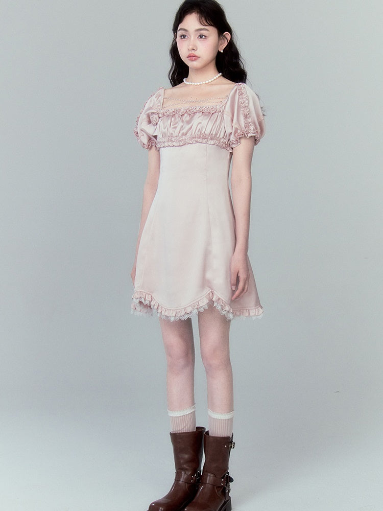 Beaded Chain Frill Decoration Puff Sleeve Dress