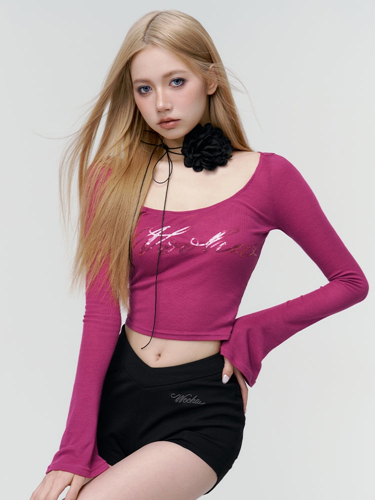 Flare-Sleeve Tight Cropped T-Shirt