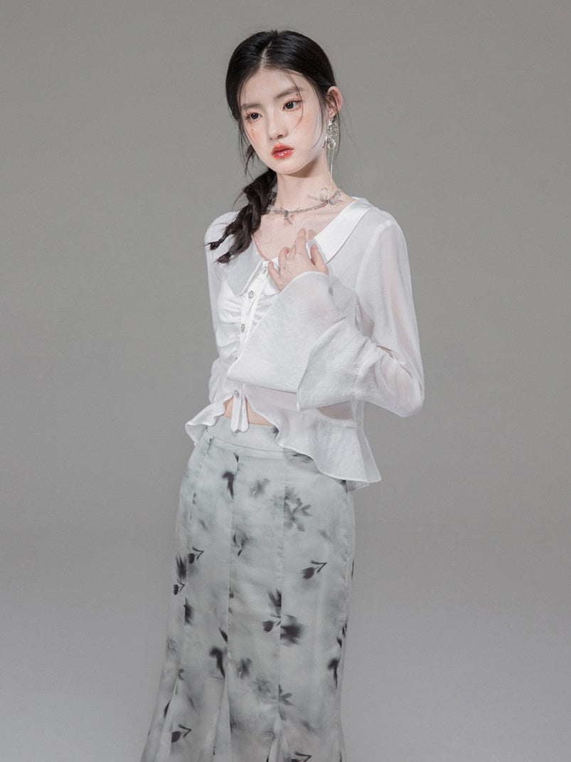 Semi-transparent Chiffon Bell Sleeve Shirt