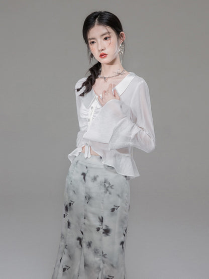 Semi-transparent Chiffon Bell Sleeve Shirt