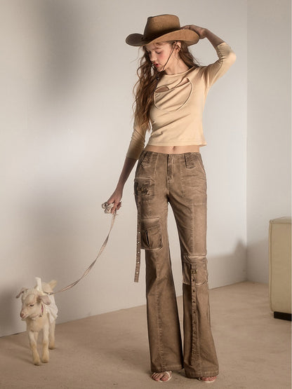 Slender Washed Retro Design Flare Pants