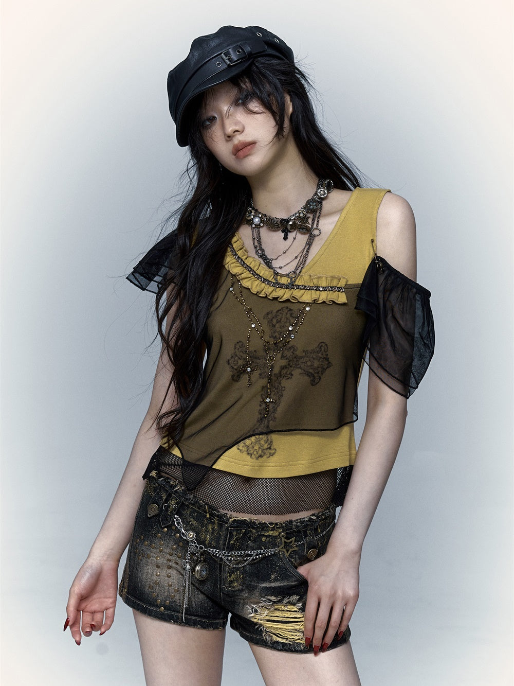 Asymmetric Splicing Mesh Hot Diamond Print T-shirt