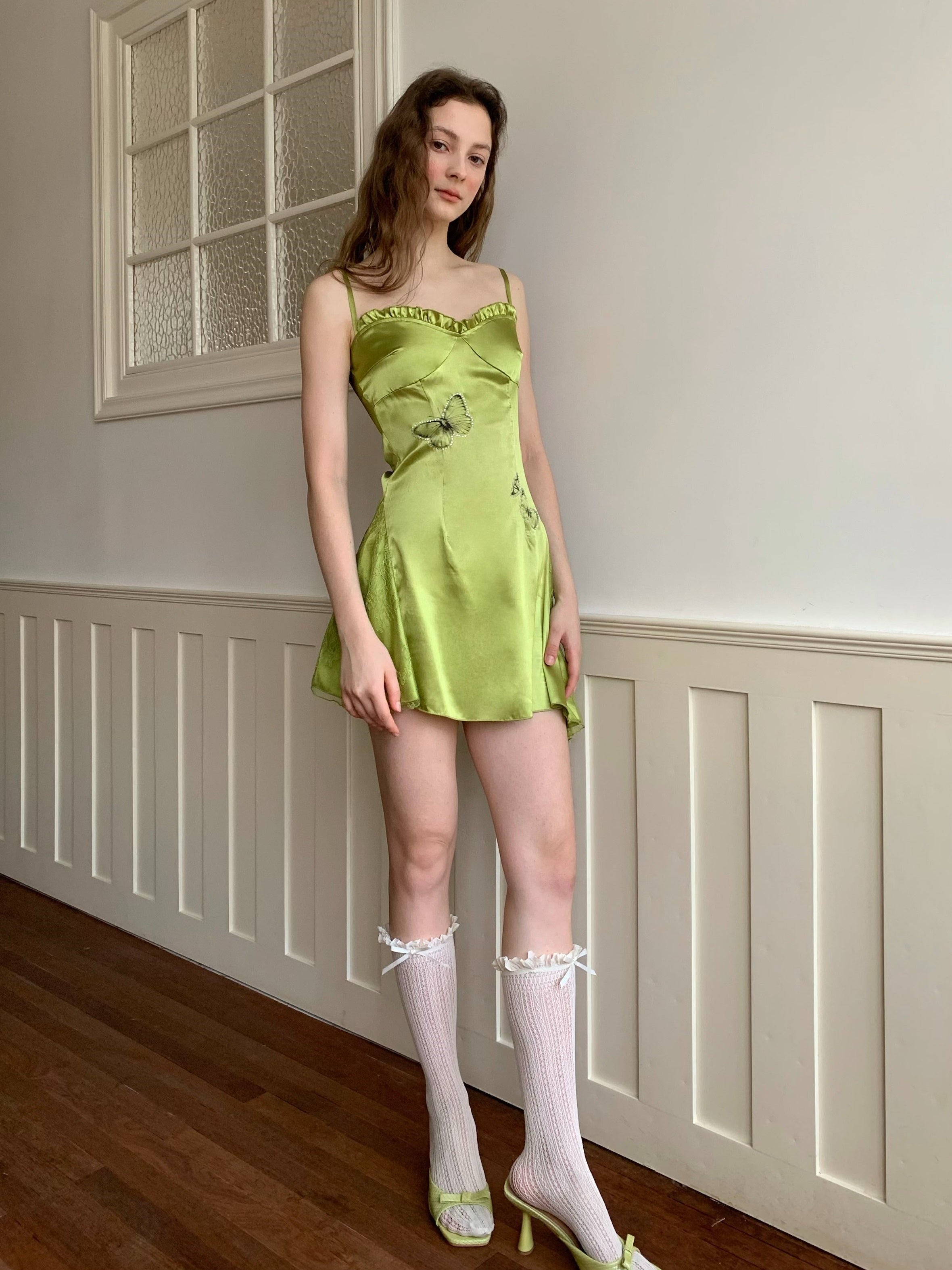 Butterfly Print Lace Irregular Design Slip Dress