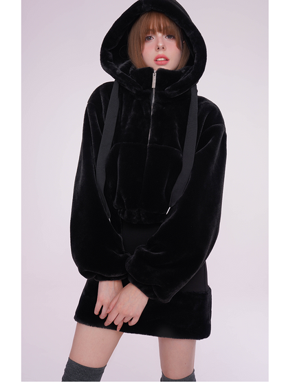 Plush Short Hooded Detachable Jacket &amp; Hip Stitching Skirt