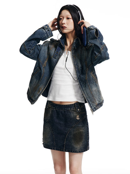 Stand-Collar Denim Short Jacket