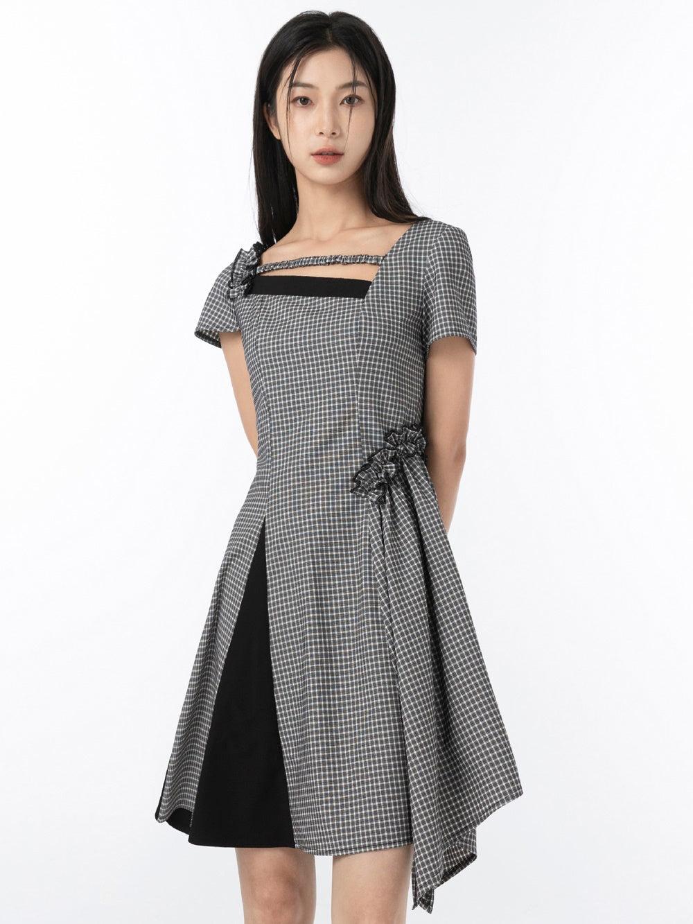 Ruffled Square Collar Plaid French One-piece