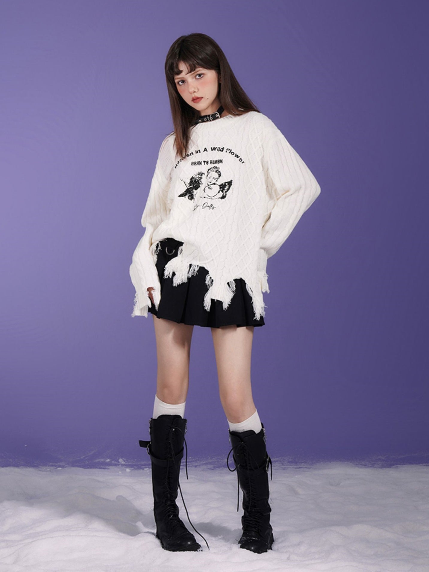 Angel Print Hole Pullover Sweater