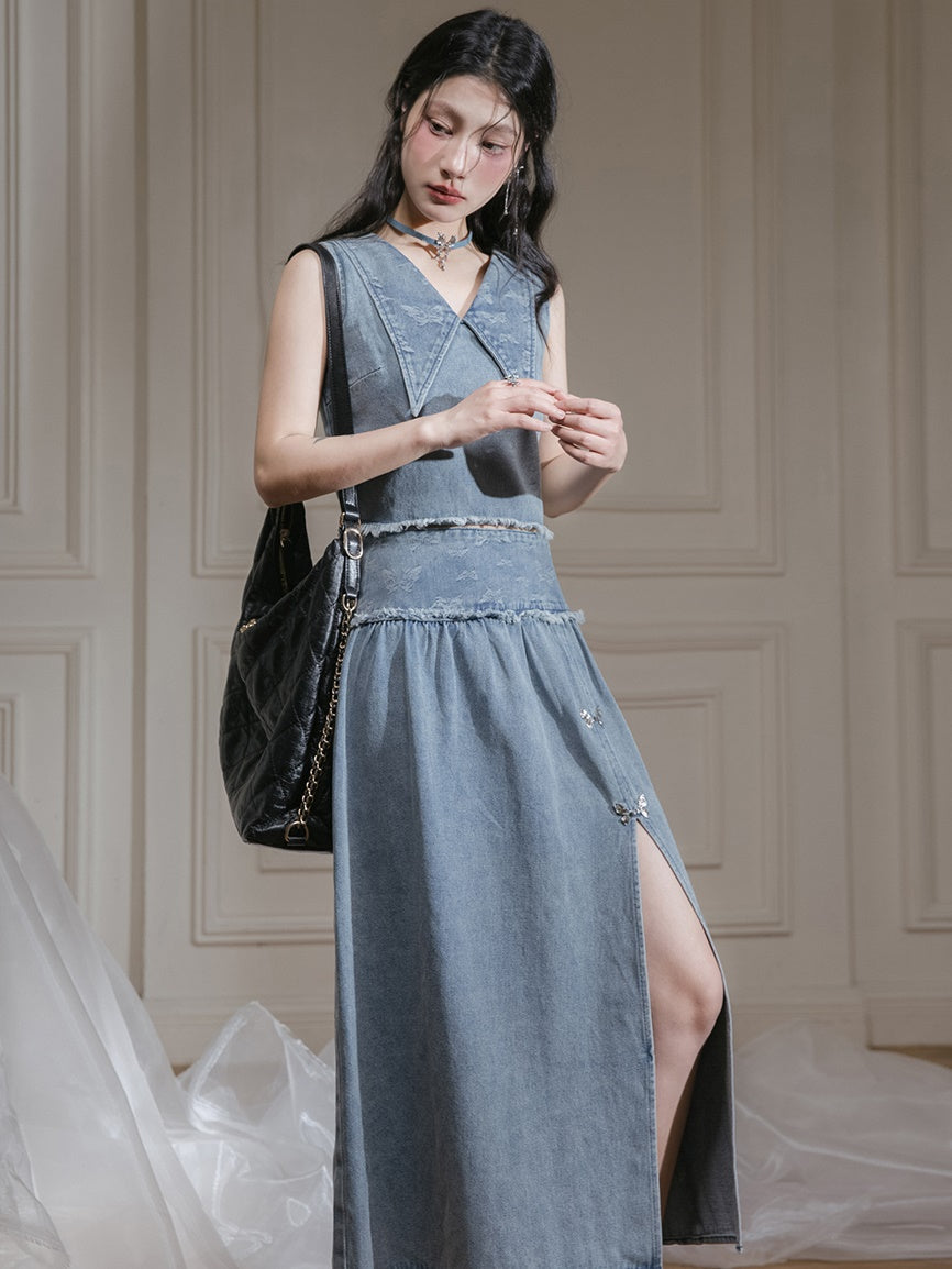 Butterfly Jacquard Denim Sleeveless Top &amp; Skirt Set-up