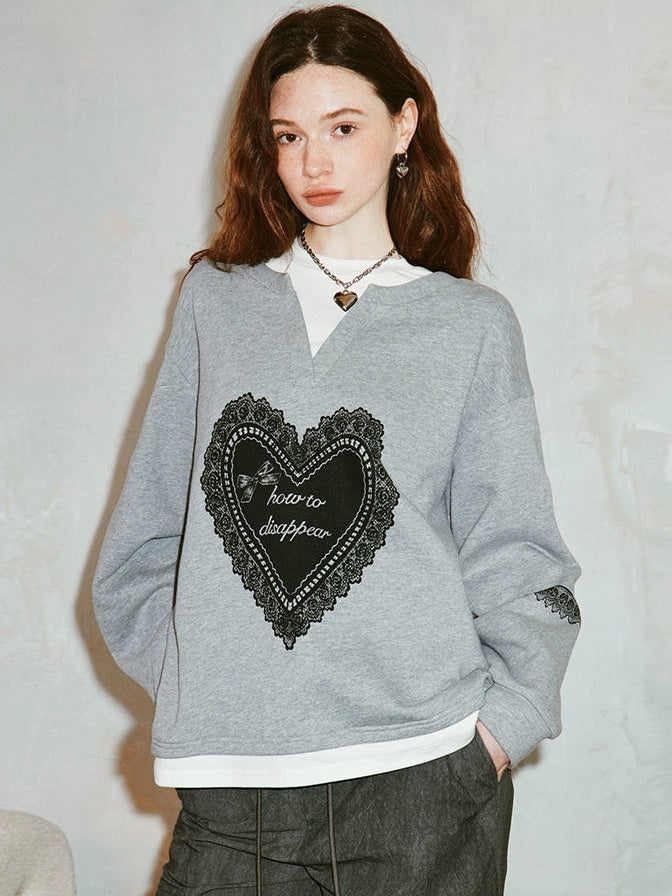 Fake Two-piece Lace Love Print Loose Sweat