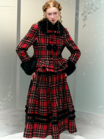 Plaid Detachable Fur Collar Fur Ball Short Coat &amp; Mid-Length Skirt