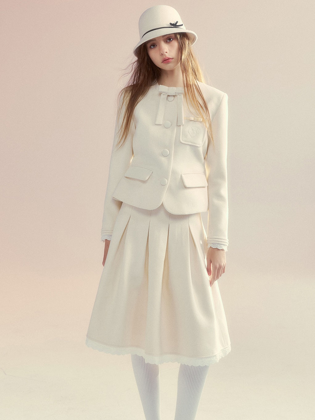 Embroidery Ribbon Short Jacket ＆ Mid-Length Tuck Pleated Skirt