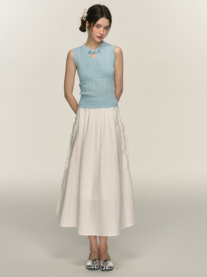 Side Lace Stitch Long Gather Skirt