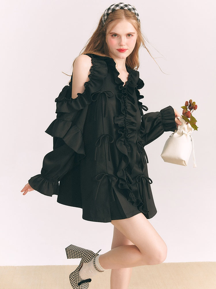 Cut-shoulder Ruffled V-neck Shirt Dress