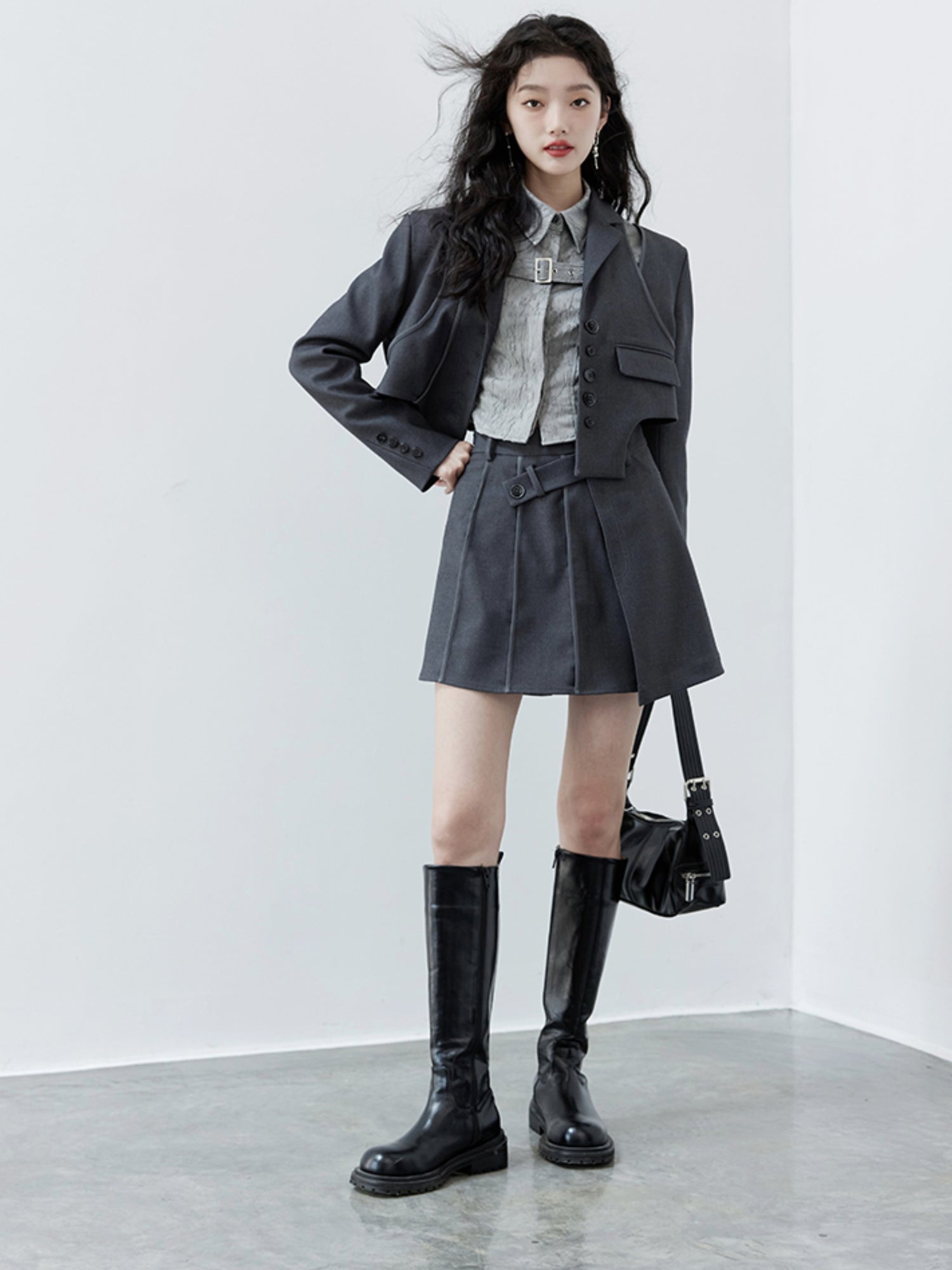 College Style Design Jacket &amp; Pleated Skirt &amp; Jacquard Shirt