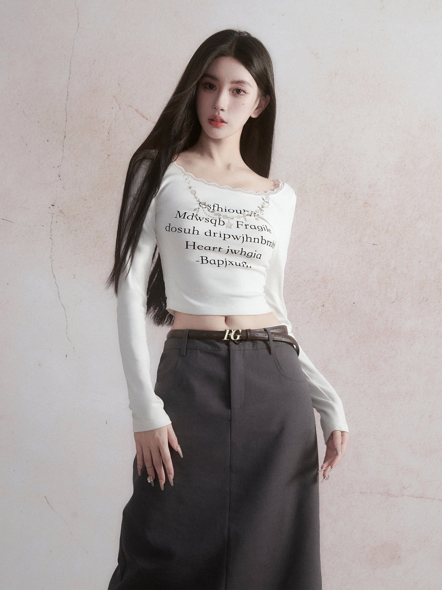 Lace Long-sleeved Lettering T-shirt &amp; Straight Skirt