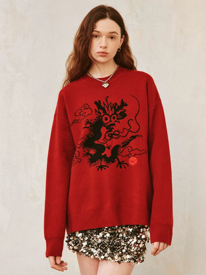 Dragon Design Round Neck Drop-Shoulder-Pullover