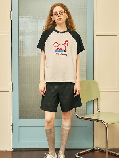 Cartoon Embroidery Raglan Sleeve T-shirt