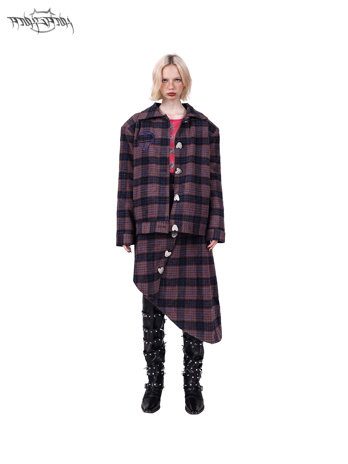 Plaid Heart Button Short Jacket ＆ Asymmetry Hem Skirt