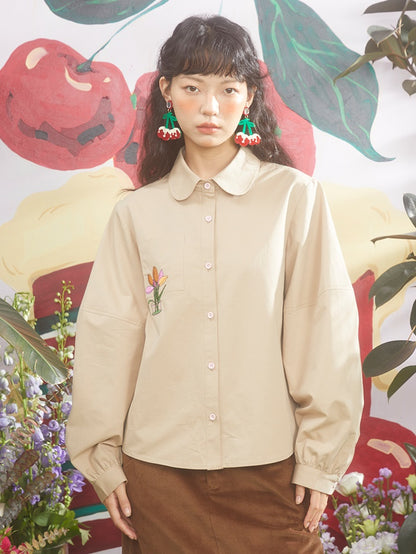 Retro Tulip Embroidered Doll Collar Lantern Sleeve Shirt