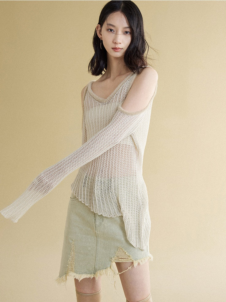 Cut Shoulder Stitching Sunscreen Long-sleeved Sweater