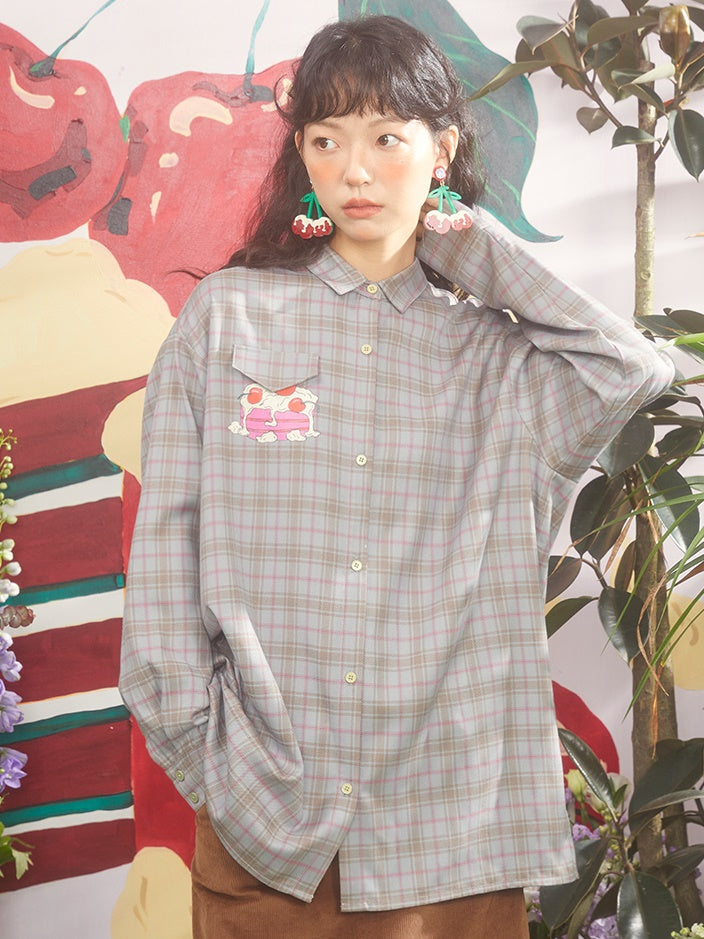 Cherry Cream Cake Print Plaid Loose Shirt