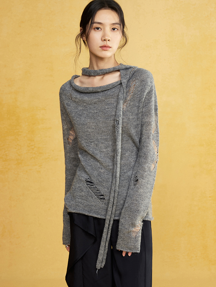 Swing Collar Irregular Hole Knitted Sweater