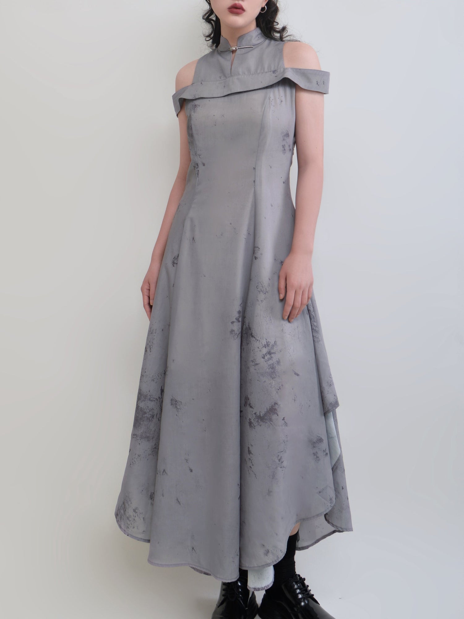 Mao Collar Ink Printing One-shoulder Dress