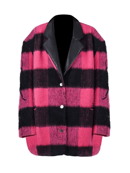 Plaid Leather Embroidered Shoulder Pads Genderless Coat