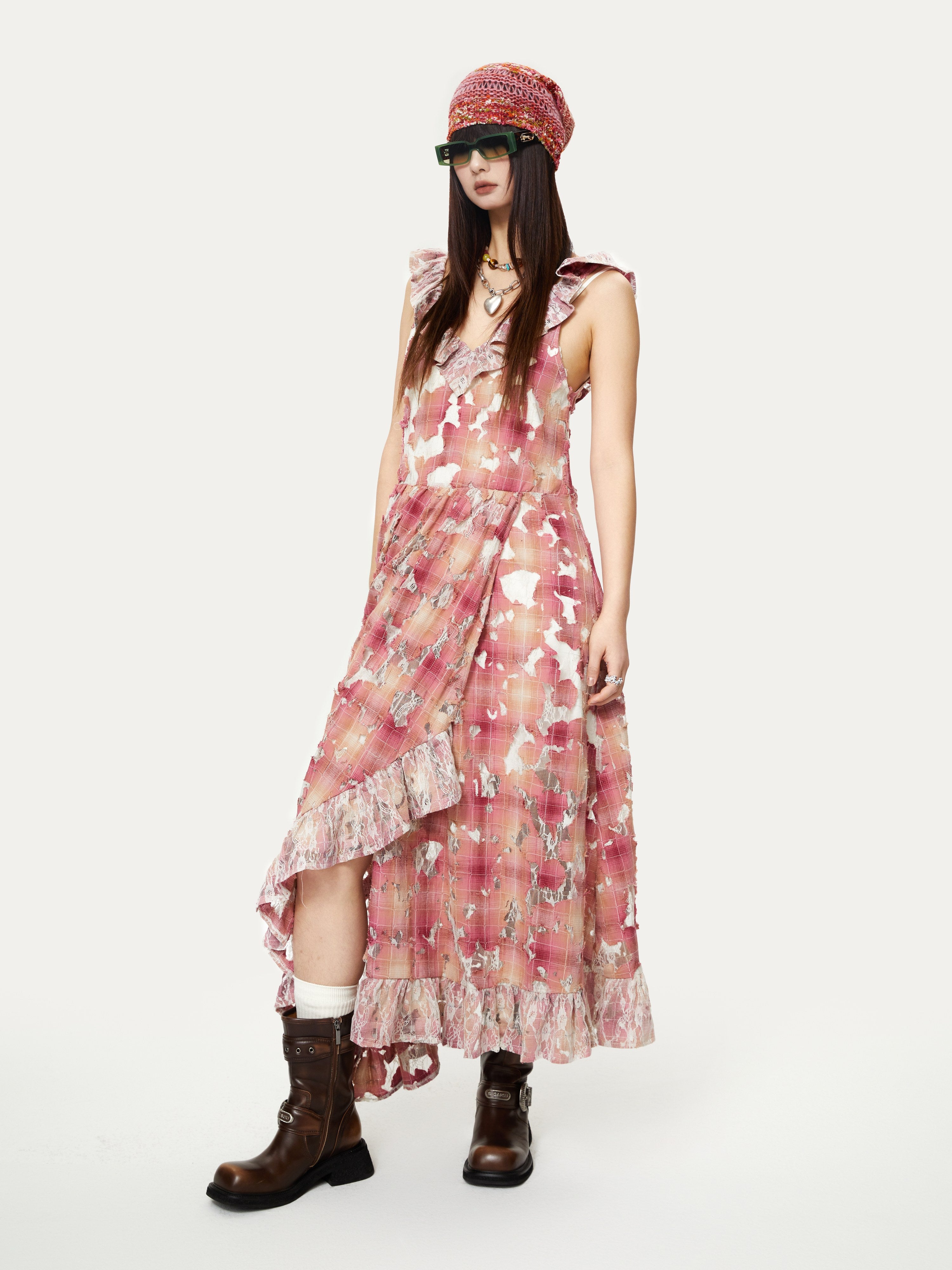 Holed Lace Plaid Irregular Slim Dress