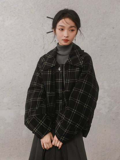 Fur Collar Detachable Design Plaid Corduroy Down Jacket