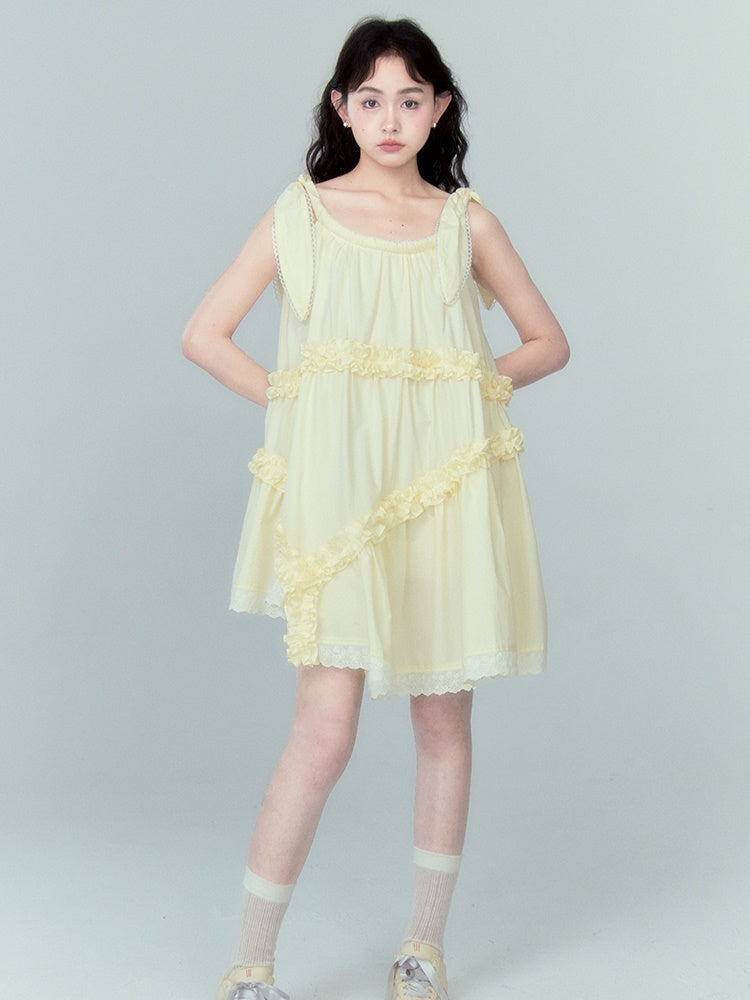 Lotus Leaf Lace Strap Irregular Frill Dress