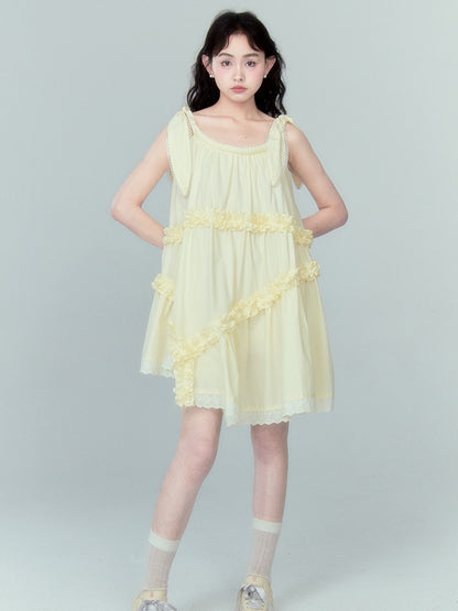 Lotus Leaf Lace Strap Irregular Frill Dress