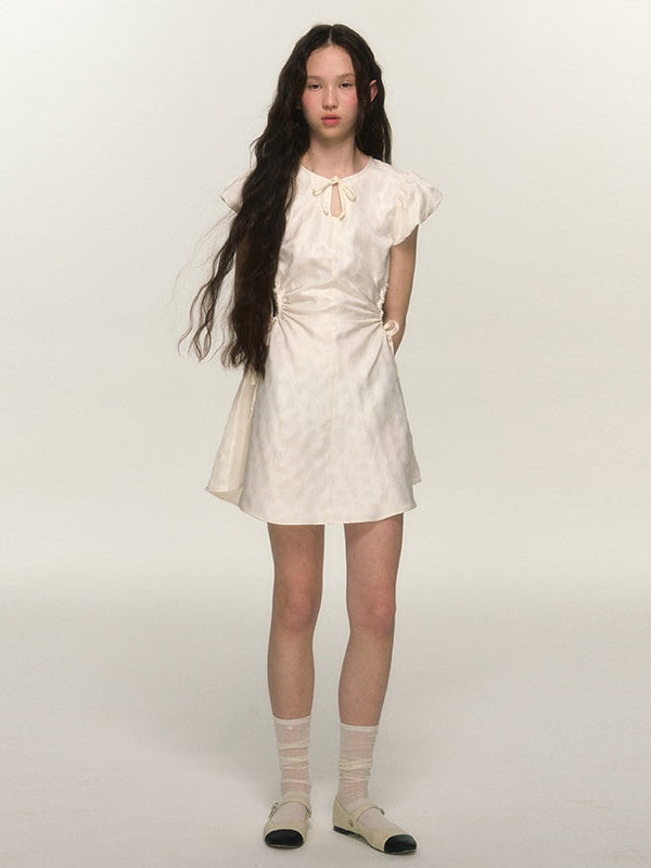 Chinese Style Buckle Bow Jacquard Puff Sleeve Dress