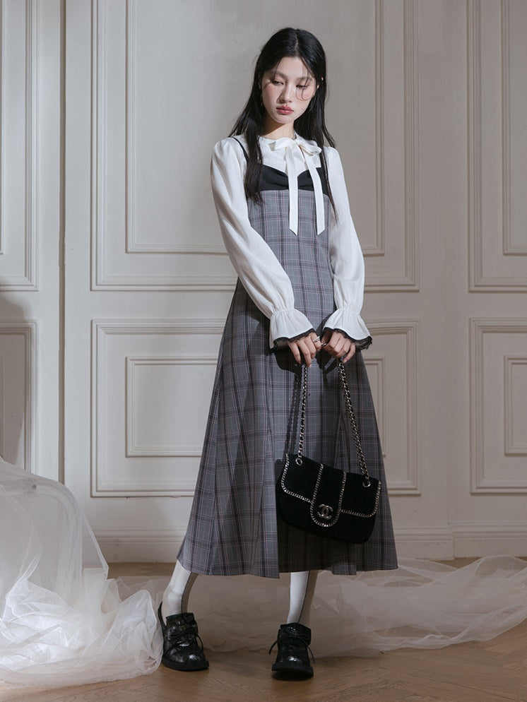 Plaid top suspender skirt